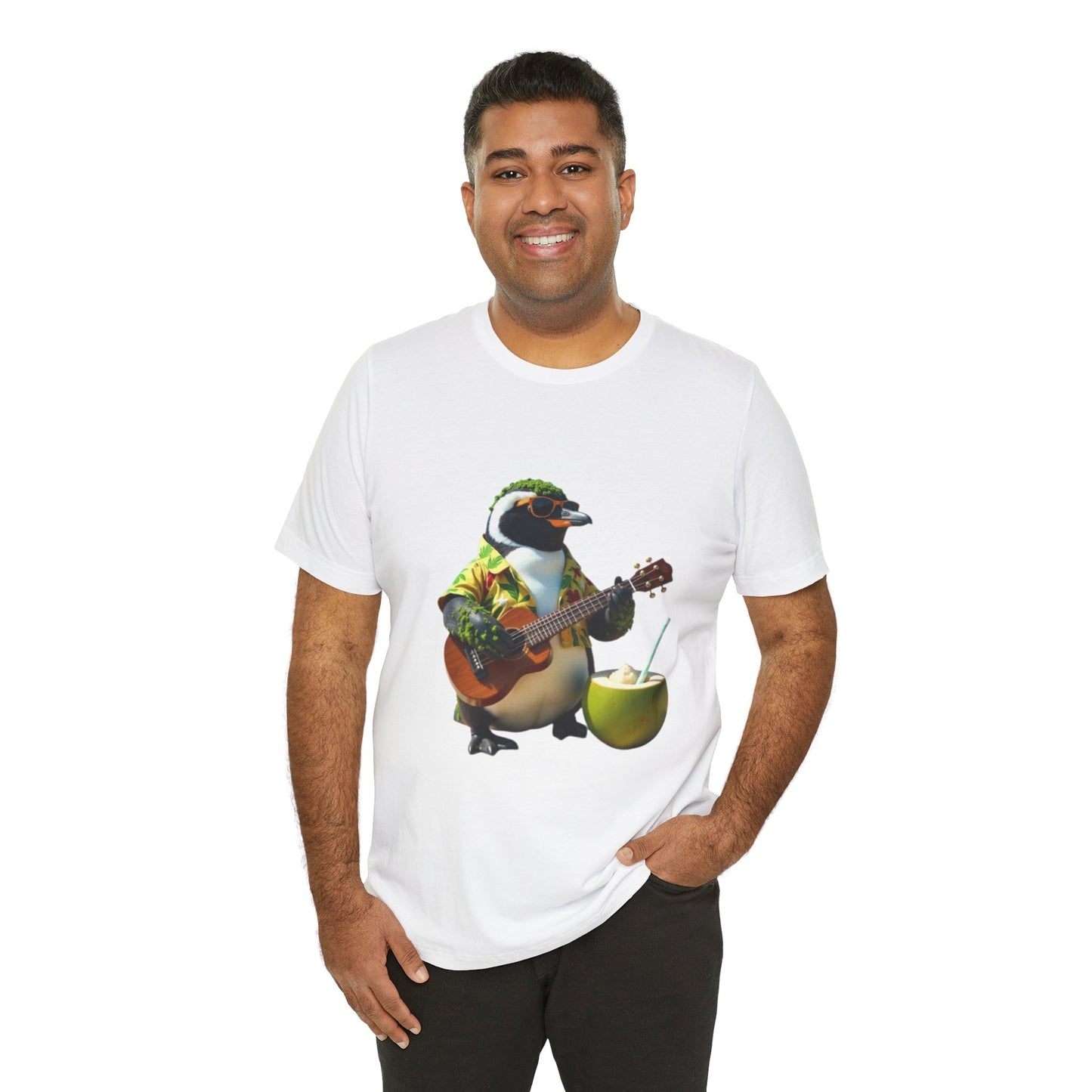 Tropical Penguin Guitar Tee - Fun Jersey Shirt