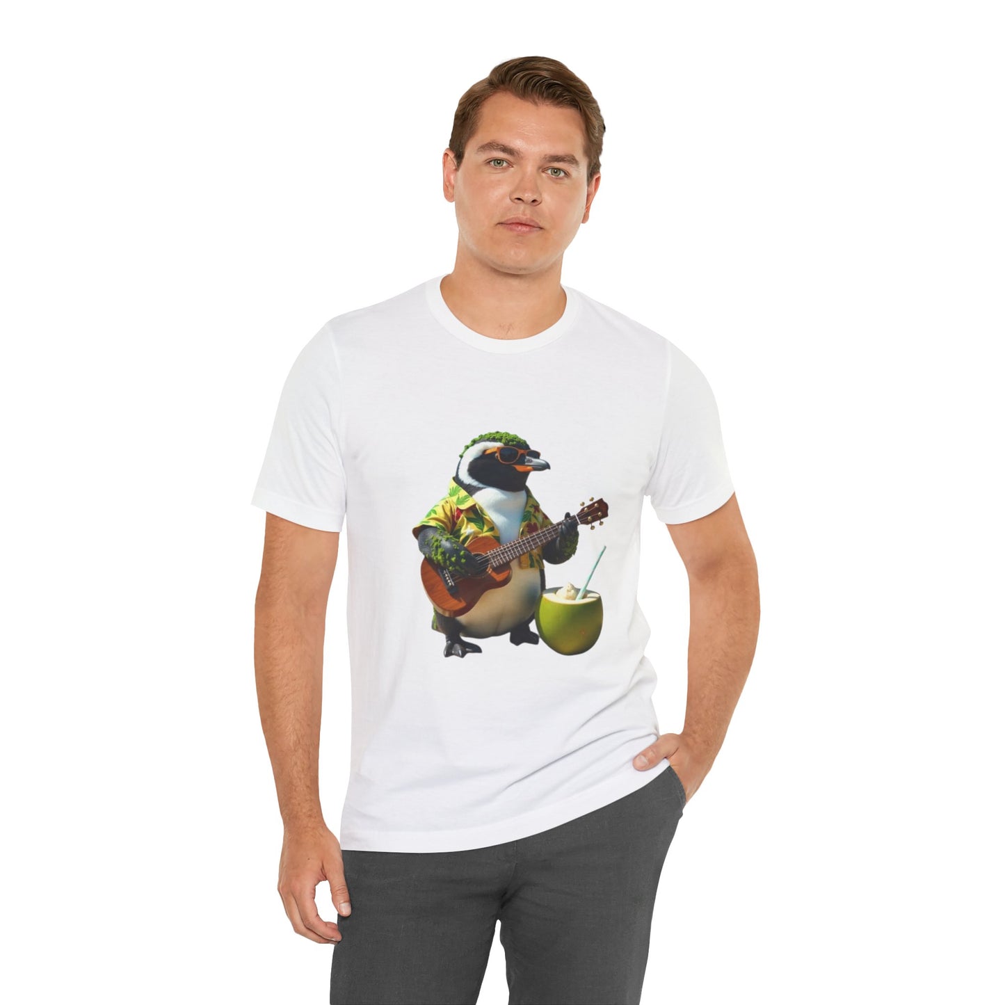 Tropical Penguin Guitar Tee - Fun Jersey Shirt